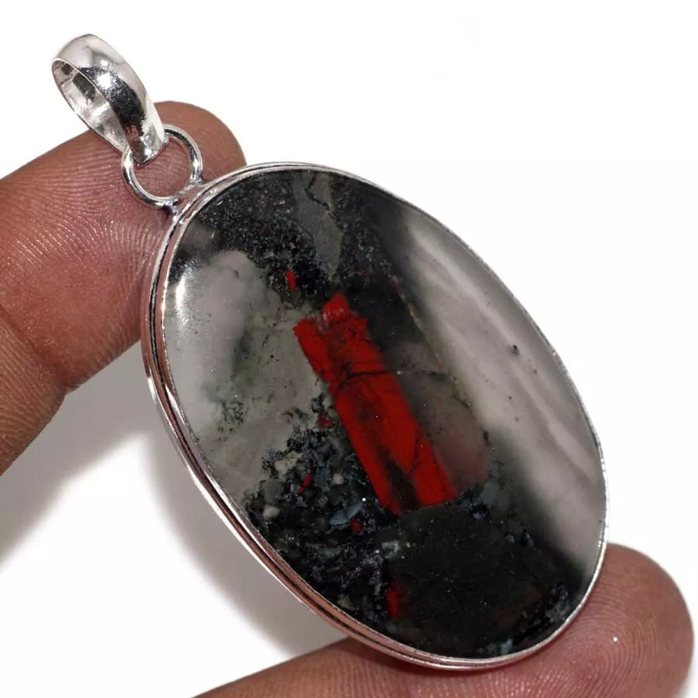 African Bloodstone 925 Silver Plated Large Pendant 2.4"